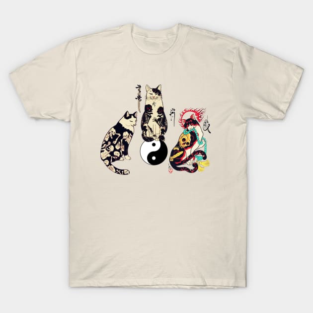 THREE JAPANESE CATS IN SKULL,SKELETON TATTOOS AND YIN YANG SYMBOL T-Shirt by BulganLumini